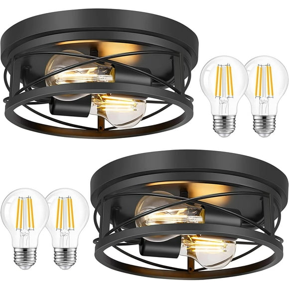 Farmhouse 2-Light Black Flush Mount Ceiling Light Fixtures, Industrial Vintage Metal Cage Closed to Ceiling Mount Lamp for Hallway Kitchen Bedroom 2 Pack, LED Bulbs Included