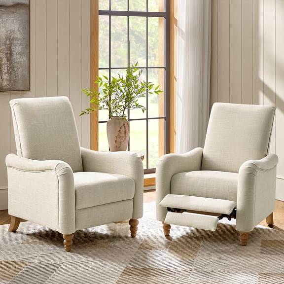 Farmhouse 2-Piece Set Push-Back Recliner with Rolled Armrests Solid Wood Linen Fabric for Rustic Home Living Room Lounge Chairs