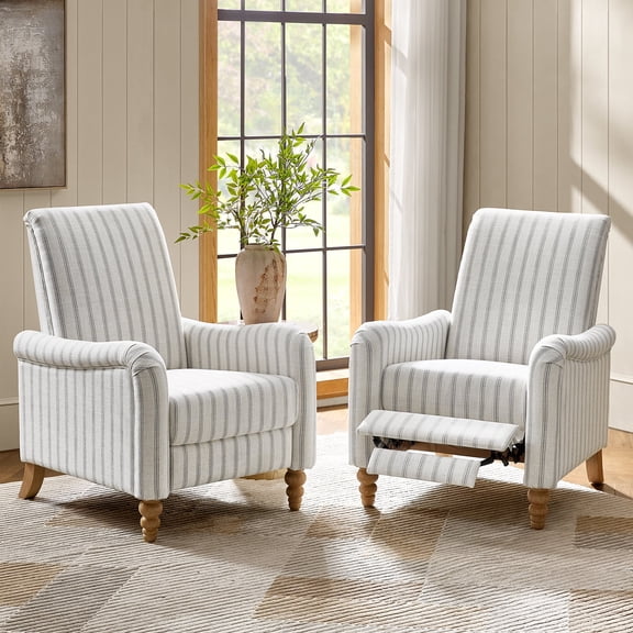 Farmhouse 2-Piece Push Back Recliner Set with Rolled Armrests and Solid Wood Legs for Rustic Home Living Room, Grey Thin Stripes