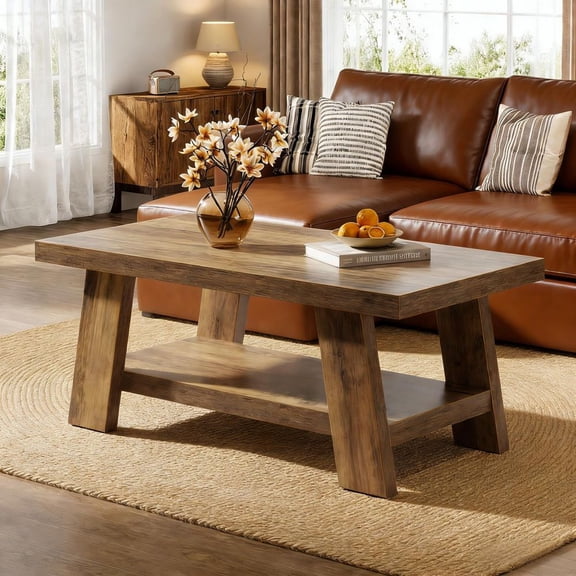 Farmhouse 2-Tier Coffee Table with Storage, Rustic Wood Grain Center Table, Sturdy A-Frame Living Room Table