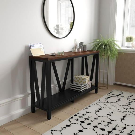Farmhouse 2-Tier Console Table - Black Finish Engineered Wood Frame - Walnut Finish Tabletop - for Entryway or Living Room