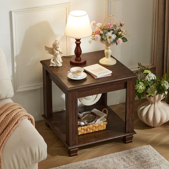 Farmhouse 2-Tier End Table Set 4 Solid Wood Legs, Living Room Coffee Table