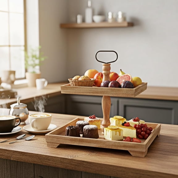 Farmhouse 2-Tier Tray Stand + Rustic Wooden Rectangular Display + Limited Sale + Decorative & Functional Serving for Food & Seasonal Accents + Great for Home Decor Lovers