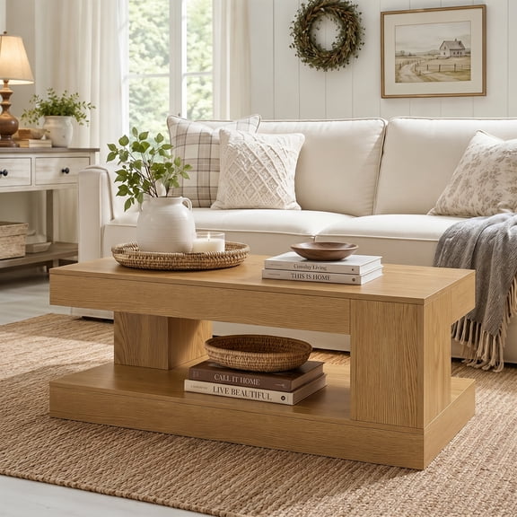 Farmhouse 2-Tier Wood Coffee Table, Rustic Center Table with LED Light, Rectangle Living Room Tables Open Storage Shelf, Wooden Tea Table for Office,Apartment