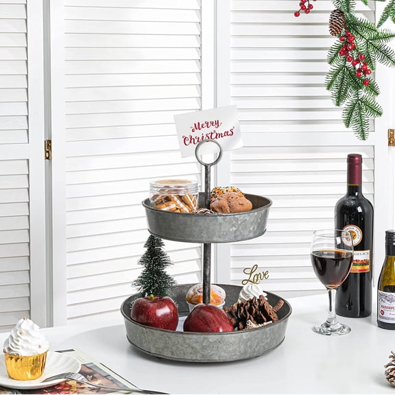 Farmhouse 2 Tiered Galvanized Serving Tray Stand with Carry Handle