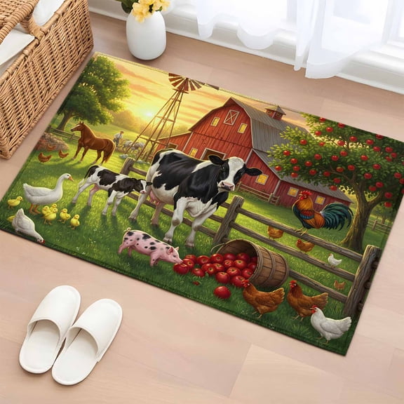 Farmhouse 2'x3' Rug for Entryway Front Door Kitchen Sink Area, Rustic Dairy Cow Pig Chicken Country Duck Horse Red Barn Low Pile Non Slip Rectangle Area Rug, Machine Washable Indoor Outdoor Mat
