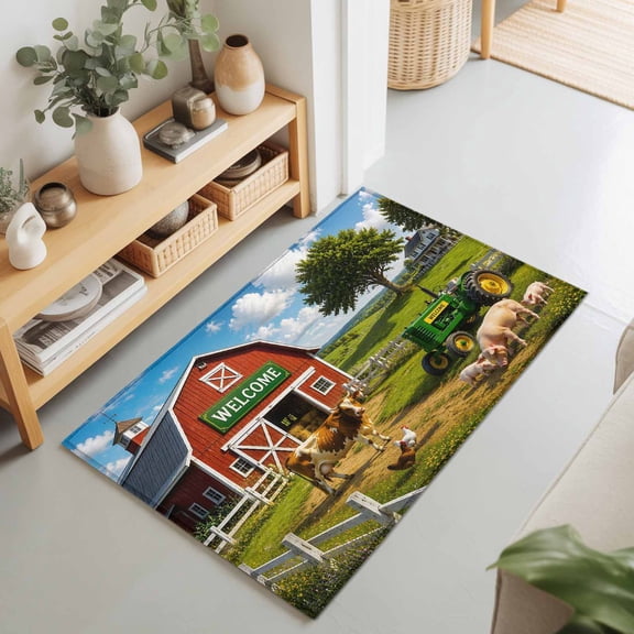 Farmhouse 2'x3' Rug for Entryway Front Door Kitchen Sink Area, Rustic Red Barn Animal Tractor Cow Rural Fence Low Pile Washable Non Slip Rectangle Area Rug for Living Room