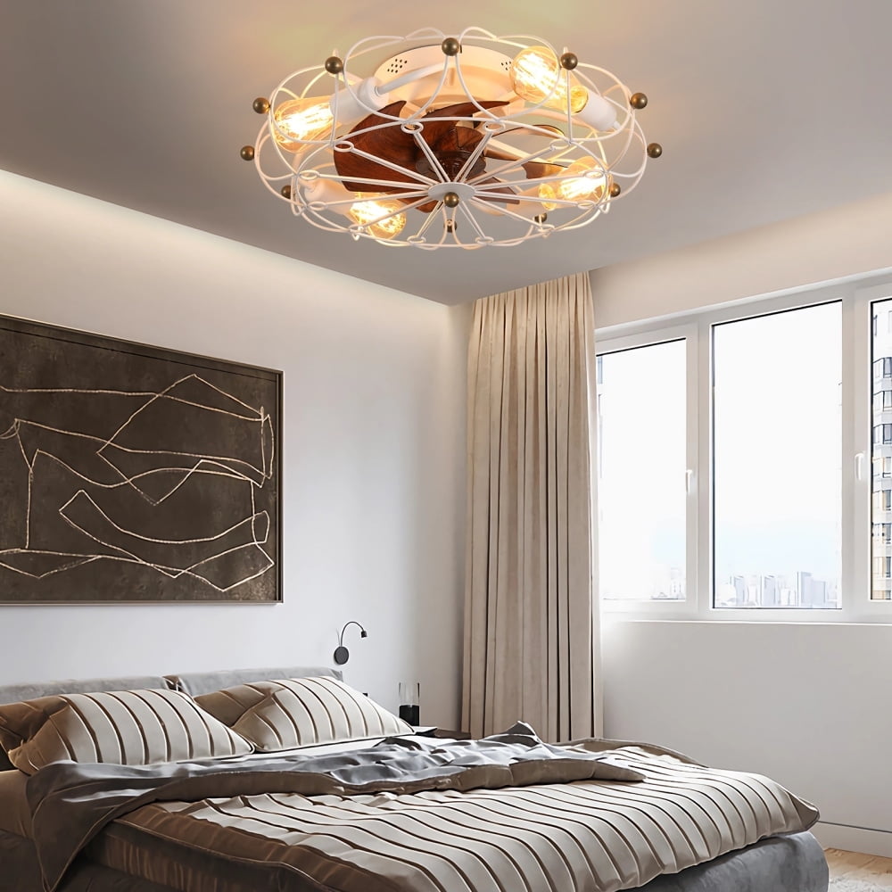 White Metal Mesh Caged Ceiling Fan with Light and Remote Control