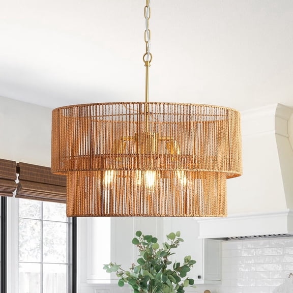 Farmhouse 23.6 in 5-Light Rattan Chandelier, 2-Tier Adjustable Hanging Pendant Light, 15° Sloped Rustic Ceiling Compatible Ceiling Light for Kitchen Island, Dining Room, Living Room.