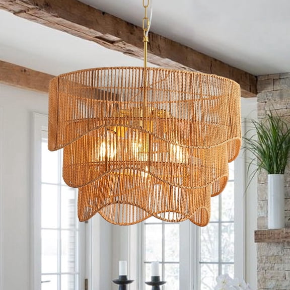 Farmhouse 23.6 in 7-Light Rattan Chandelier, 3-Tier Adjustable Hanging Pendant Light, 15° Sloped Rustic Ceiling Compatible Ceiling Light for Kitchen Island, Dining Room, Living Room.