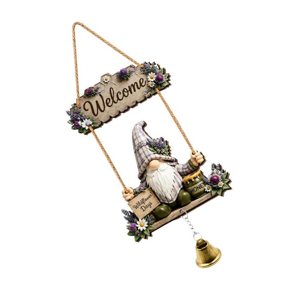 Farmhouse 2D Wooden Gnomes Porch Hanging Decors, Weclome Sign with Metal Bells Accent for Front Door Patios, Entryway, or Garden