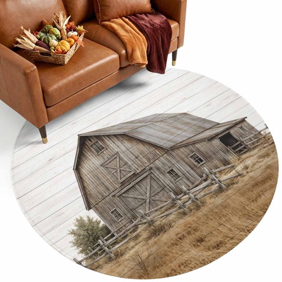 Farmhouse 3.3' Round Washable Rugs for Bedside Reading Corner, Charcoal Gray Wooden Barn Dry Hay Field Beige Stripes Stain Proof Non Slip Circle Area Rug for Entryway Front door