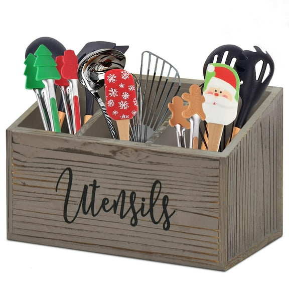 Farmhouse 3-Compartment Solid Wood Utensil Organizer - Countertop/Wall-Mounted Silverware Holder for Kitchen
