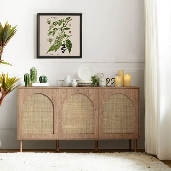 Farmhouse 3-Door Rattan Sideboard Buffet Wooden Storage Cabinet with Adjustable Shelves Oak