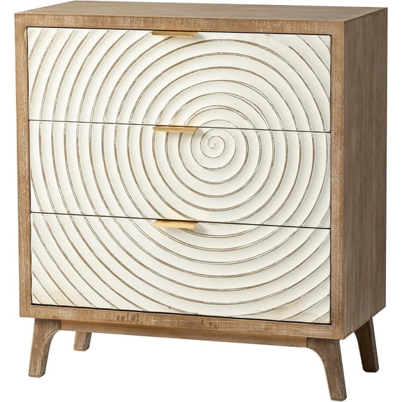 Farmhouse 3 Drawer Dresser with Handcrafted Wood Ring Motif, White Nightstand for Bedroom, Rustic & Natural, Fully Assembled, Boho