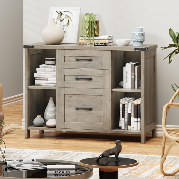 Farmhouse 3-Drawer Lateral File Cabinet for Letter/A4 Size Hanging Files, Large Wooden Printer Stand with Adjustable Shelves for Home Office, Rustic Grey