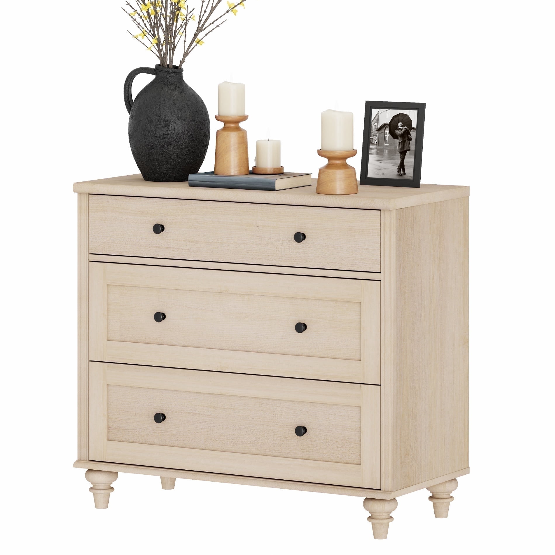 Farmhouse 3-Drawer Nightstand, Large Wooden Bedside Table, Wide Sofa Side End Table with 3 Drawers, Chest of Drawers for Living Room and Bedroom, Beige, 34 Inches