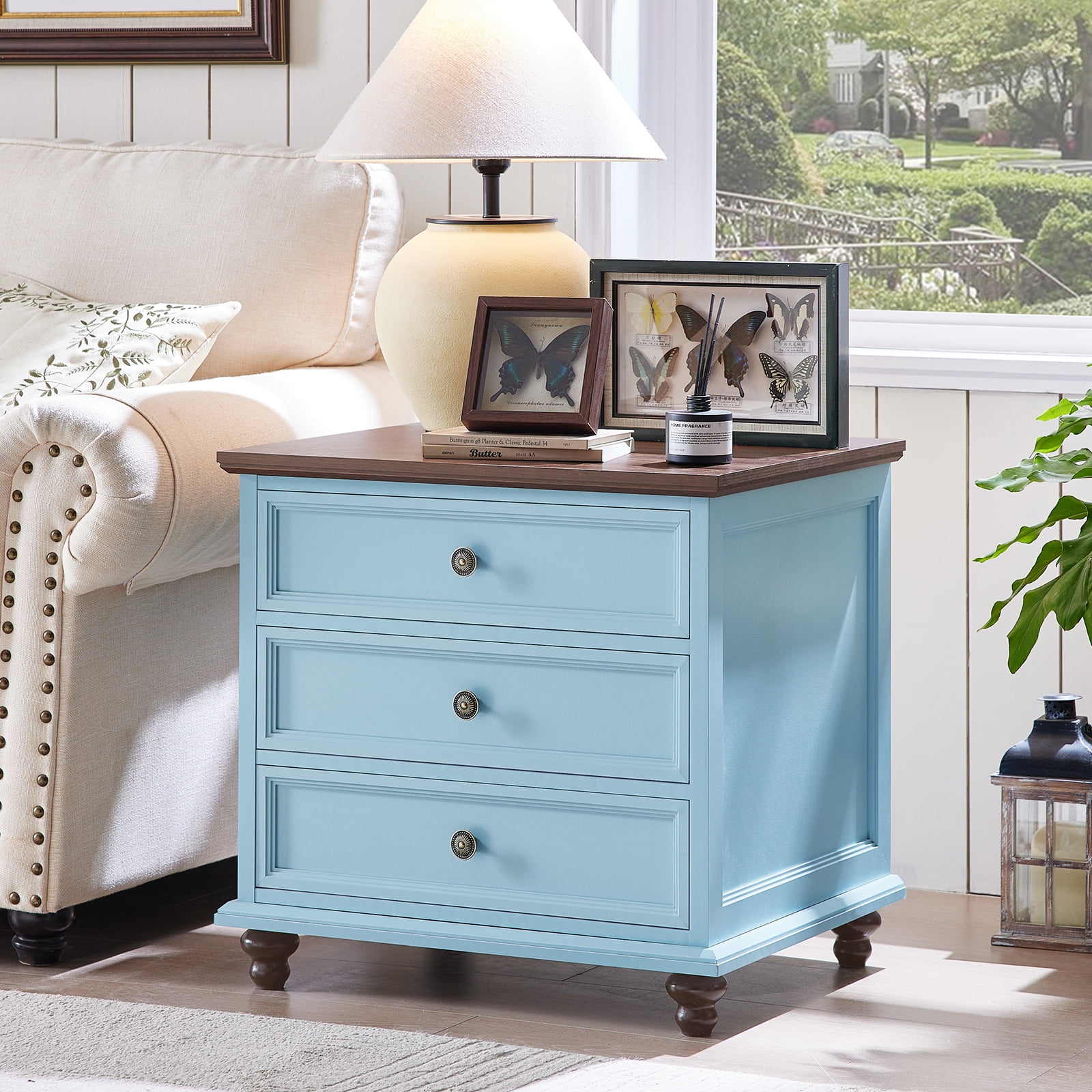 Farmhouse 3-Drawer Nightstand with Charging Station, Wooden Bedside Table with Gourd-Shaped Legs for Bedroom, Light blue