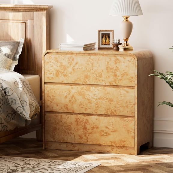 Farmhouse 3 Drawer Wood Dresser with Rounded Edge, Bedroom Storage Cabinet, Mid Century Chest of Drawers, Burl Finish, Natural, Cut-Out Base, 31.5W*15.56D*31.5H, Large