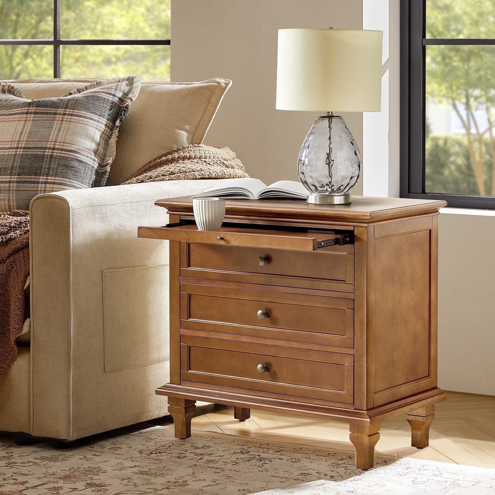 Tina's Home Farmhouse Acorn Soild wood End Table with Charging Station, 3 Drawer Side Table with Pull-Out Tray for Living Room, Small Spaces