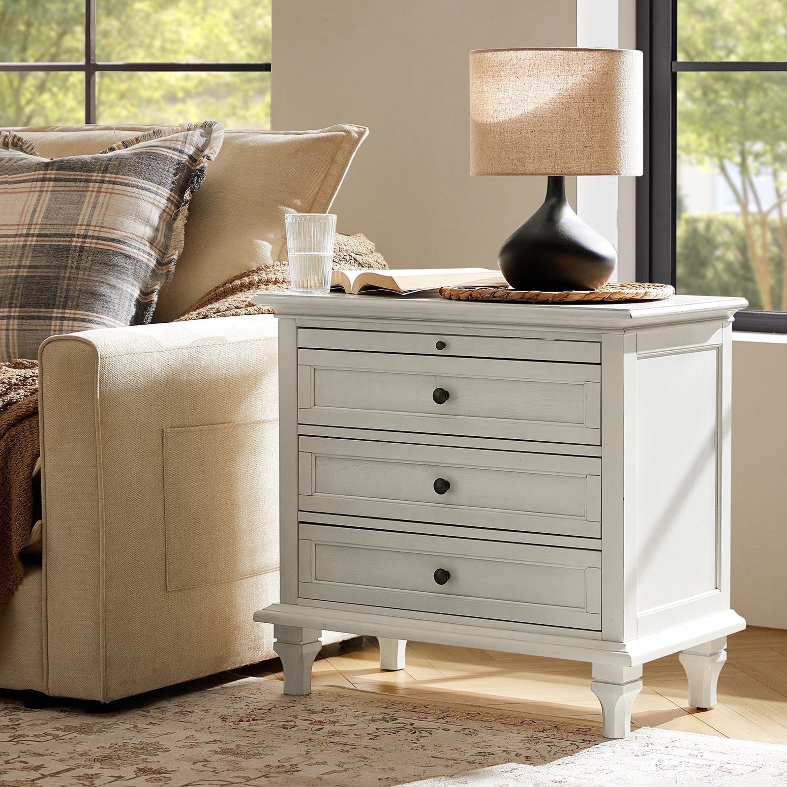 Tina's Home Farmhouse White Soild wood End Table with Charging Station, 3 Drawer Side Table with Pull-Out Tray for Living Room, Small Spaces