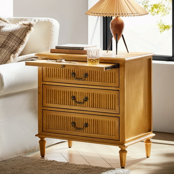 Farmhouse 3-Drawer End Table with Tray Storage and Charging Station for Sofa, Recliner or Chair Acorn