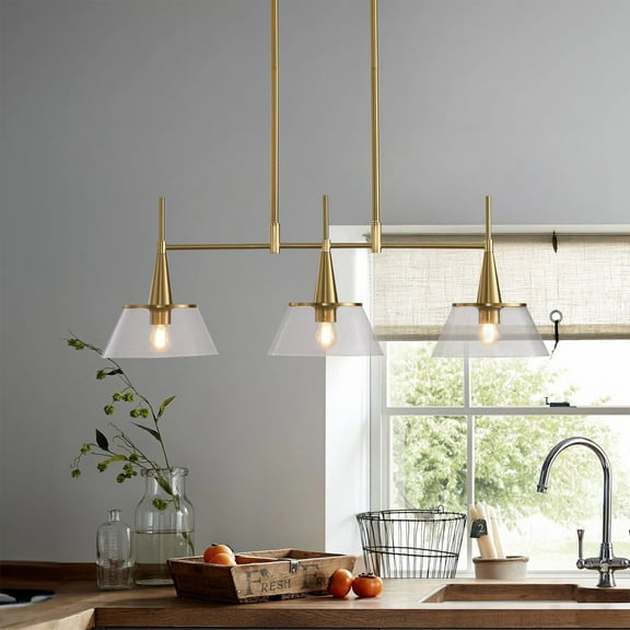 Farmhouse 3-Light Kitchen Island Lighting, Modern Linear Chandeliers with Seeded Glass Shades, Gold Pendant Lights for Dining Room, Kitchen