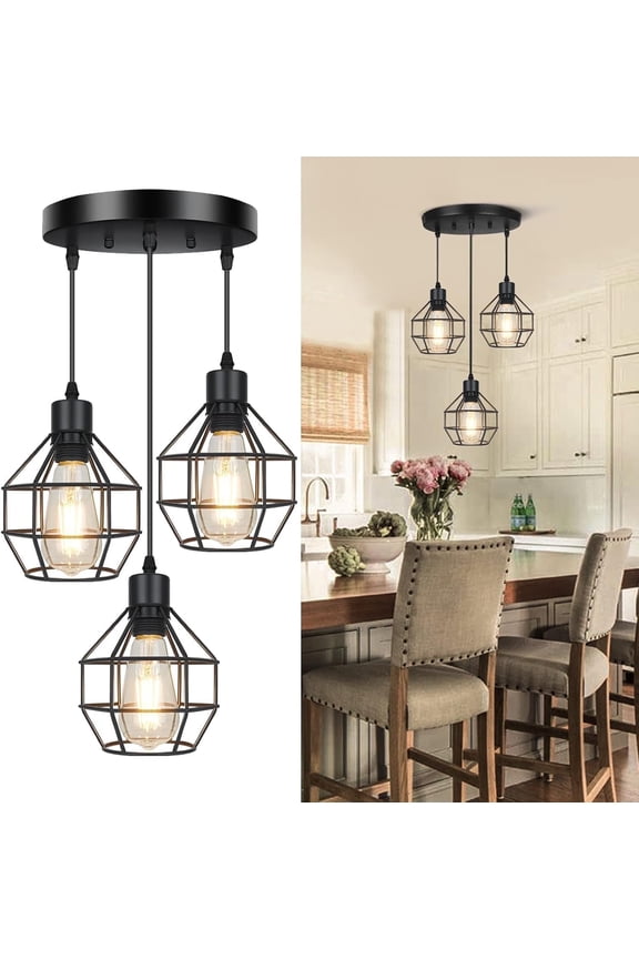 Farmhouse 3-Light Pendant Light Fixtures, Adjustable Industrial Hanging Pendant Lighting for Kitchen Island, Vintage Black Kitchen Lighting