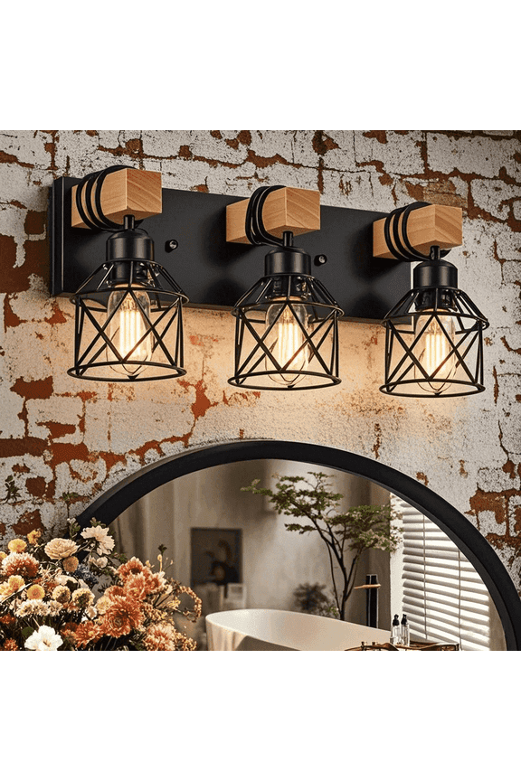 Farmhouse 3-Lights Vanity Wall Sconces Lighting Industrial Metal Black Bathroom Wall Light Fixtures, 1 Pack
