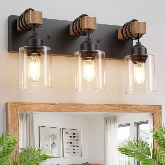 Farmhouse 3-Lights Wood Bathroom Vanity Light Black Bathroom Light Fixtures over Mirror with Clear Glass Shades for Living Room, Bedroom, Hallway