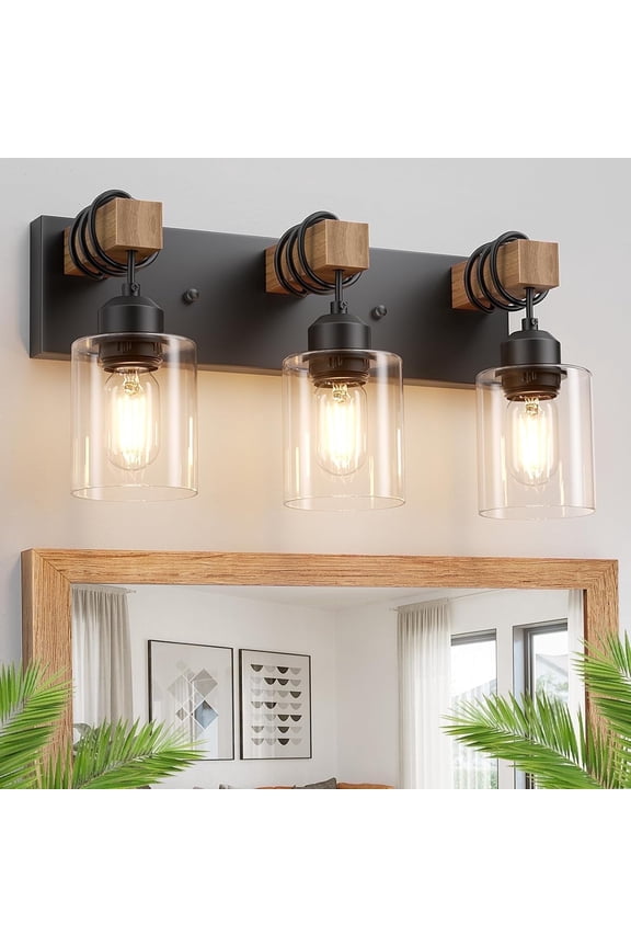 Farmhouse 3-Lights Wood Bathroom Vanity Light Black Bathroom Light Fixtures over Mirror with Clear Glass Shades for Living Room, Bedroom, Hallway