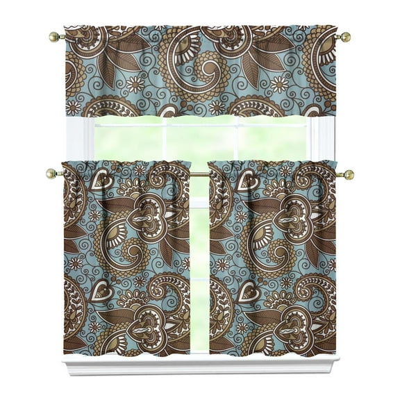 Farmhouse 3 PCS Kitchen Curtains Set - Colorful Paisley Bohemian Tier Curtains & Valance for Rustic Dcor (Semi-Sheer)
