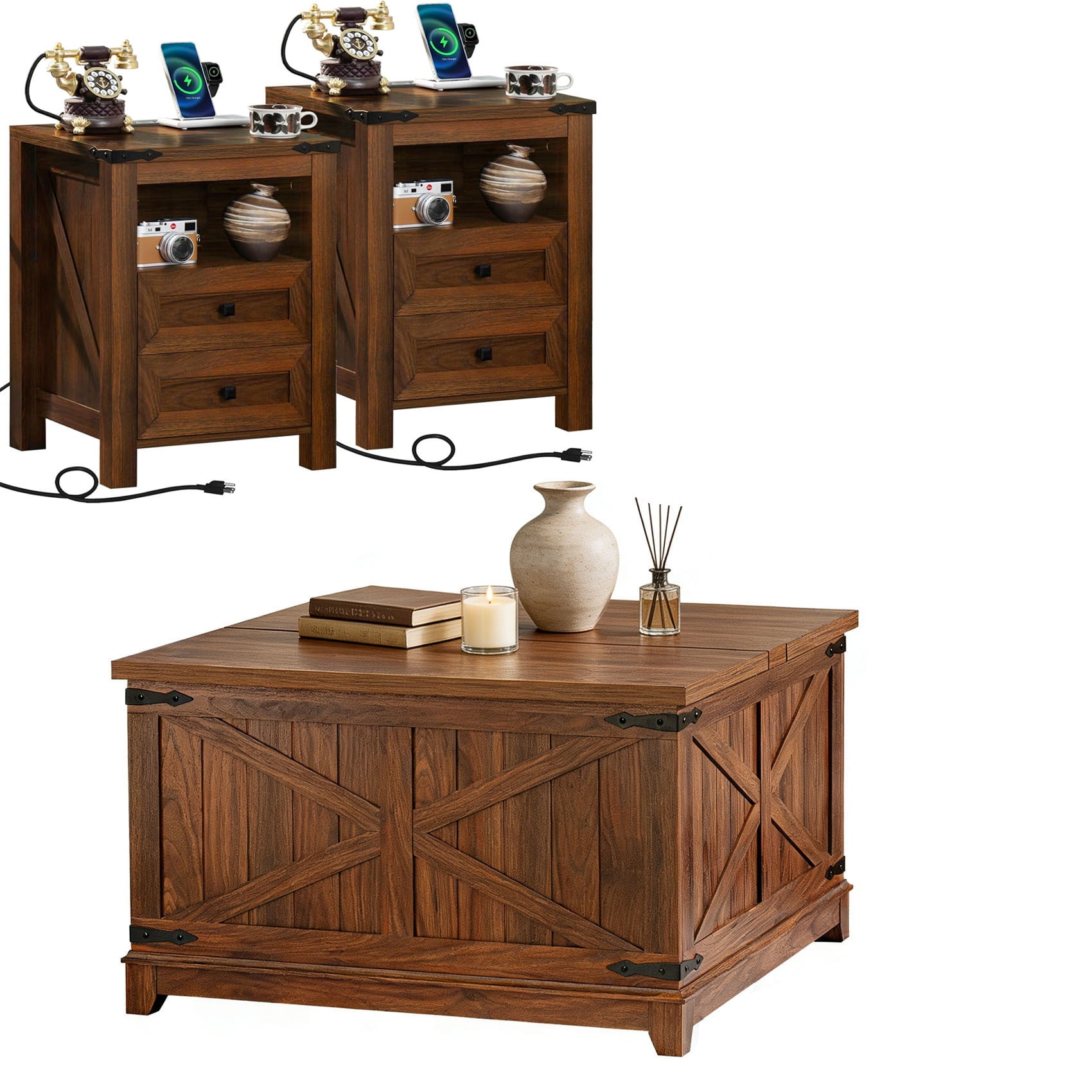 Farmhouse 3-Piece Living Room Set, Coffee Table with Hidden Storage Organizer & Nightstands with Charging Station, for Home, Office