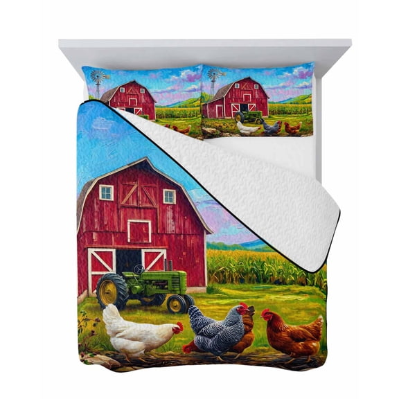 Farmhouse 3 Piece Quilt Set Queen Size, Red Barn Chickens Tractor Sunflowers Windmill Rustic Soft Bedspread Coverlet Bedding Set Microfiber Lightweight Comforter Set with 2 Pillowcases for Bedroom