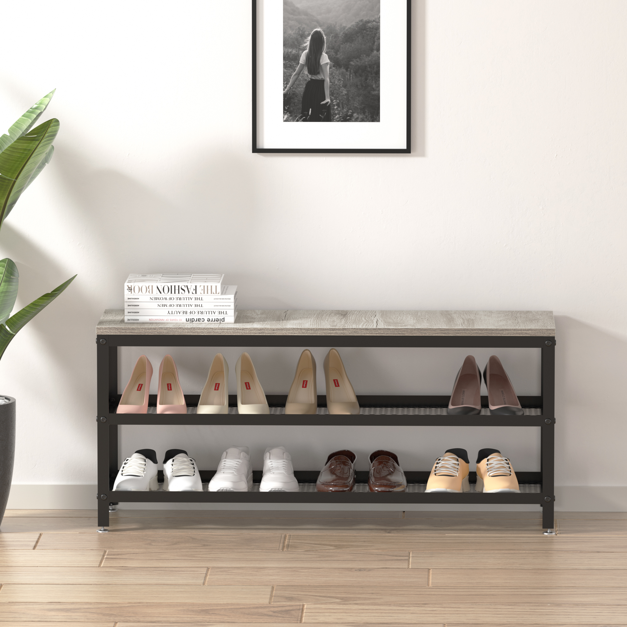 Better Homes & Gardens Farmhouse 3 Tier Shoe Rack, Gray, Holds up to 12