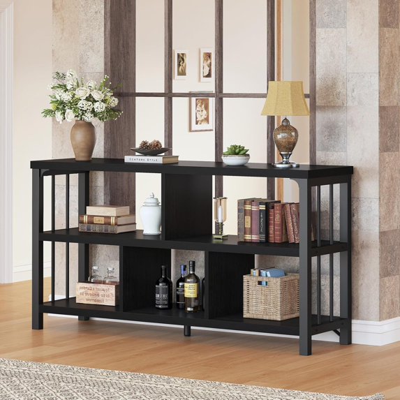 Farmhouse Open Book Shelf, Wood and Metal Organizer, Modern Low Horizontal Bookshelf for Bedroom Living, Long Wide Office Bookcase with , Rustic ,