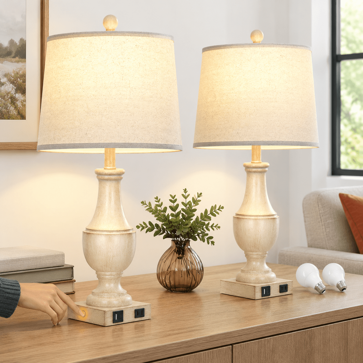 Table Rump Light Farmhouse 3-Way Dimmable Table Lamp, Beige, Set of 2 with USB-C, USB-A ...