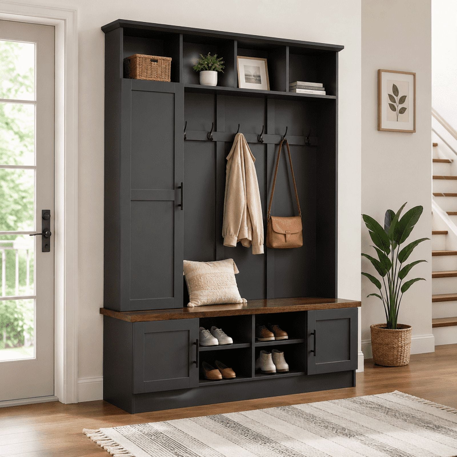 Farmhouse 3-in-1 Hall Tree with 6 Hooks, Entryway Coat Rack with Adjustable Shelves, Versatile Shoe Storage Bench with Open Cubbies