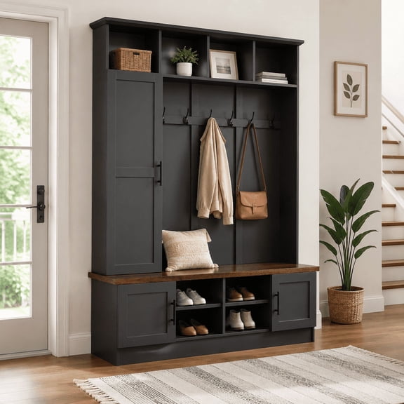 Farmhouse 3-in-1 Hall Tree with 6 Hooks, Entryway Coat Rack with Adjustable Shelves, Versatile Shoe Storage Bench with Open Cubbies