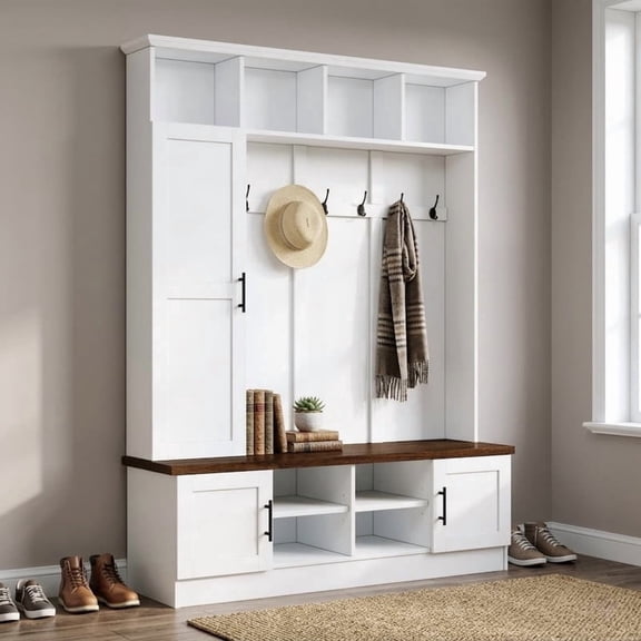 Farmhouse 3-in-1 Hall Tree with 6 Hooks, Entryway Coat Rack with Adjustable Shelves, Versatile Shoe Storage Bench with Open Cubbies