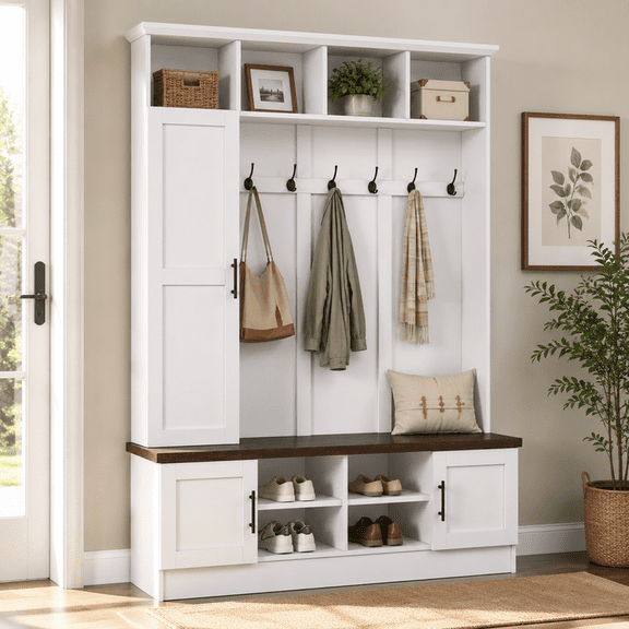 Farmhouse 3-in-1 Hall Tree with 6 Hooks, Entryway Coat Rack with Adjustable Shelves, Versatile Shoe Storage Bench with Open Cubbies