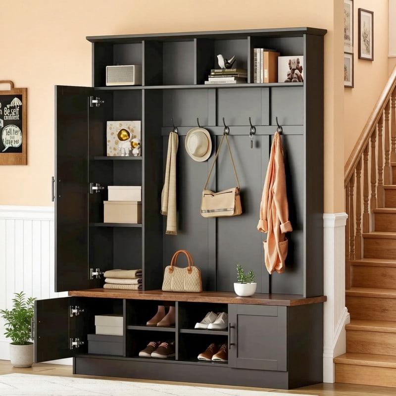 Farmhouse 3-in-1 Hall Tree with 6 Hooks, Versatile Storage Bench with Cabinets and Open Compartments, Entryway Coat Rack