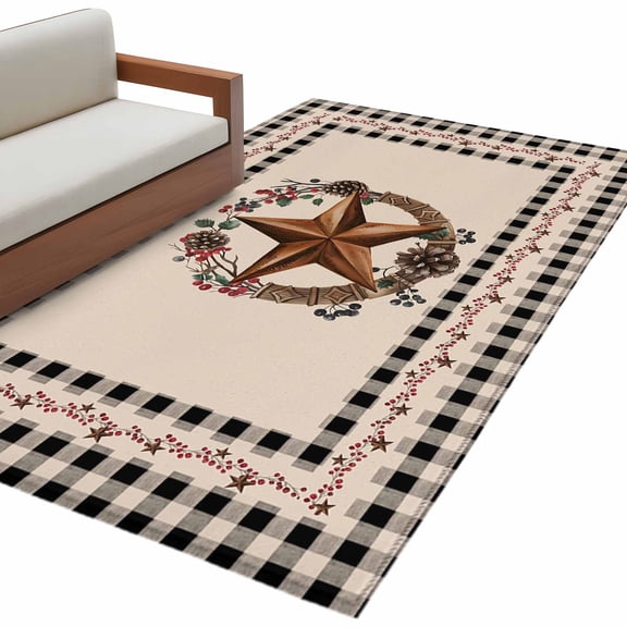 Farmhouse 3'x5' Washable Rug, Country Star Berry Plaid Lodge Grey Brown Non-Slip Area Rugs for Entryway Kitchen Classroom, Dorm Throw Carpet, Low Pile Soft Indoor Floor Mat
