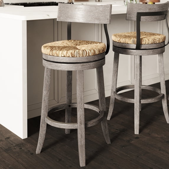 Farmhouse 31" Wood Bar-Height Bar Stool with Natural Seagrass Seat, Reclaimed Gray