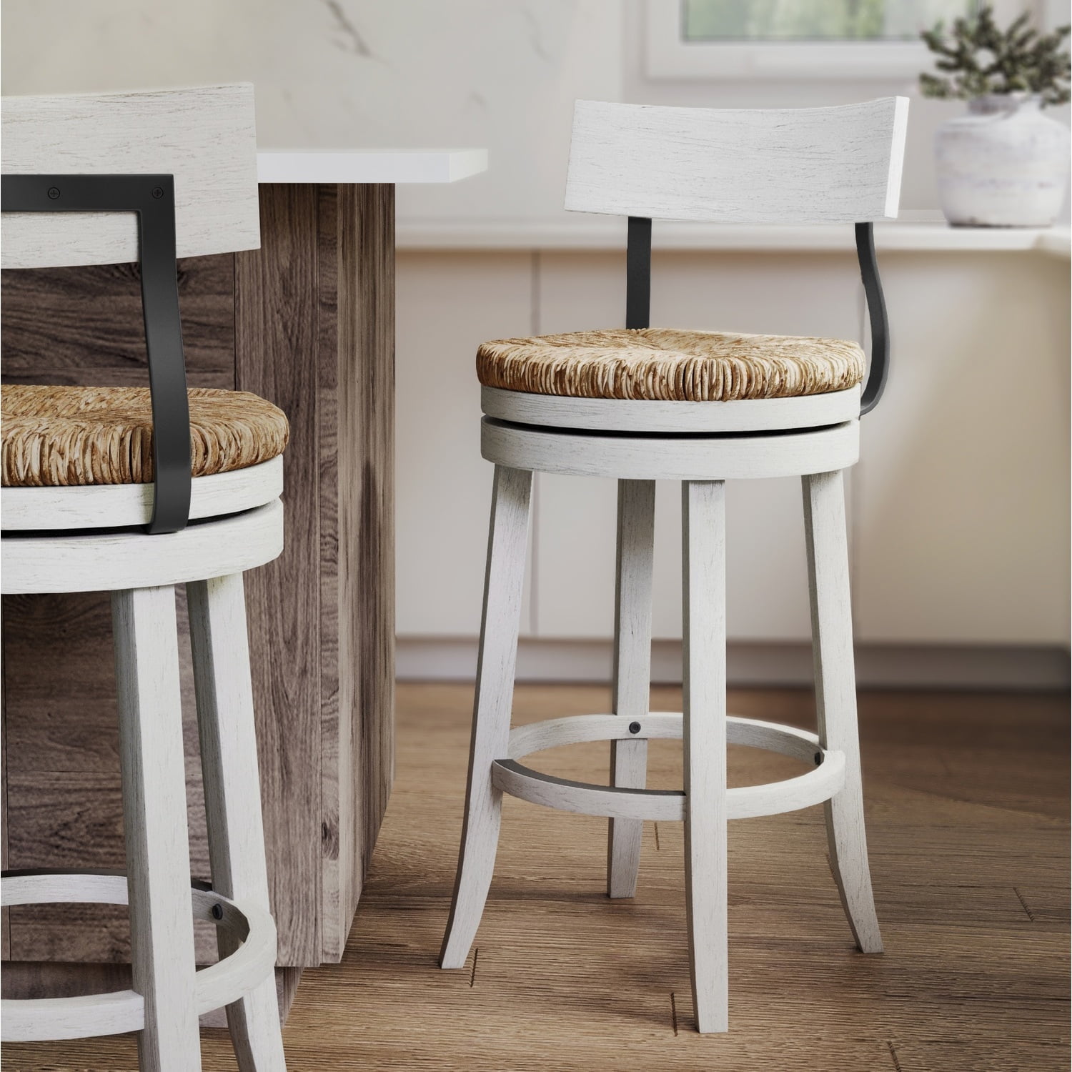 Farmhouse Reclaimed White Wood Bar Stool with Natural Seagrass Seat