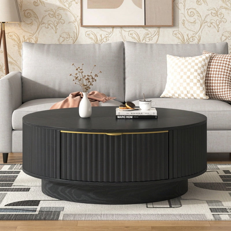 Farmhouse 35.4'' Round Wood Coffee Table with 2 Storage Drawers, Fluted Design Accent Cocktail Center Table