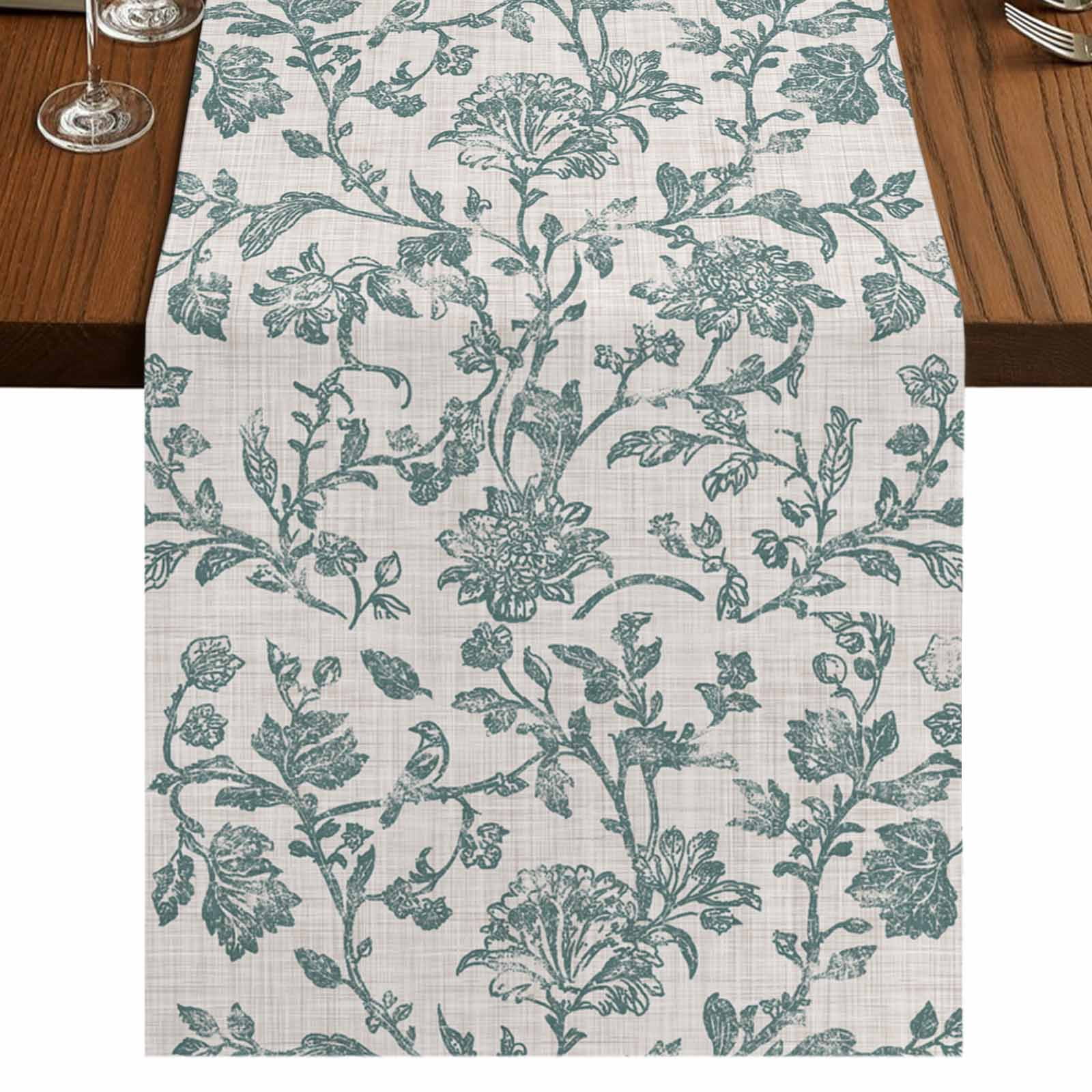 Farmhouse 36 Inch Table Runner, Teal Blue Green Vintage Flower Leaf ...