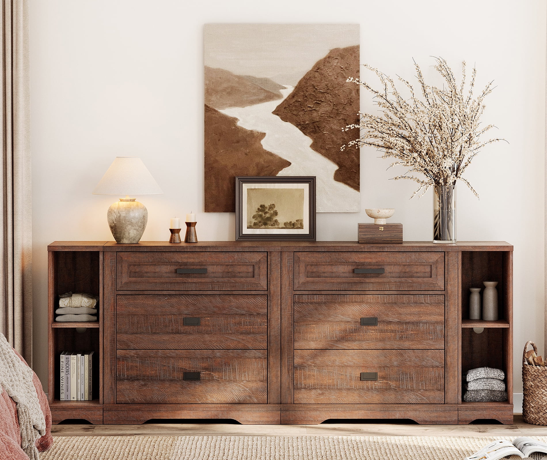 Farmhouse 4 in 1 Dresser TV Stand for 75 85 95" TVs ,Wood Entertainment Center with 6 Drawers Dresser Cabinet and Open Storage for Living Room ,Rustic Brown