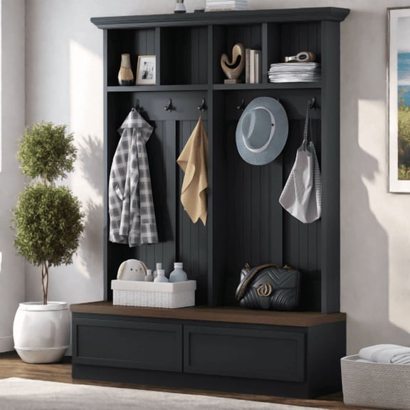 Farmhouse 4 in 1 Hall Tree with Bench, Entryway Coat Rack with 2 Large Drawers, 6 Hooks and Open Storage, Mudroom Organizer for Hallway, Living Room, Black and Dark Walnut