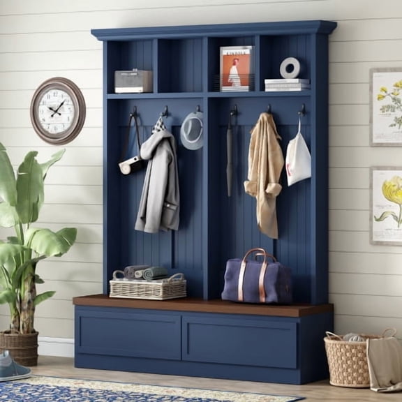 Farmhouse 4 in 1 Hall Tree with Bench, Entryway Coat Rack with 2 Large Drawers, 6 Hooks and Open Storage, Mudroom Organizer for Hallway, Living Room, Blue and Walnut